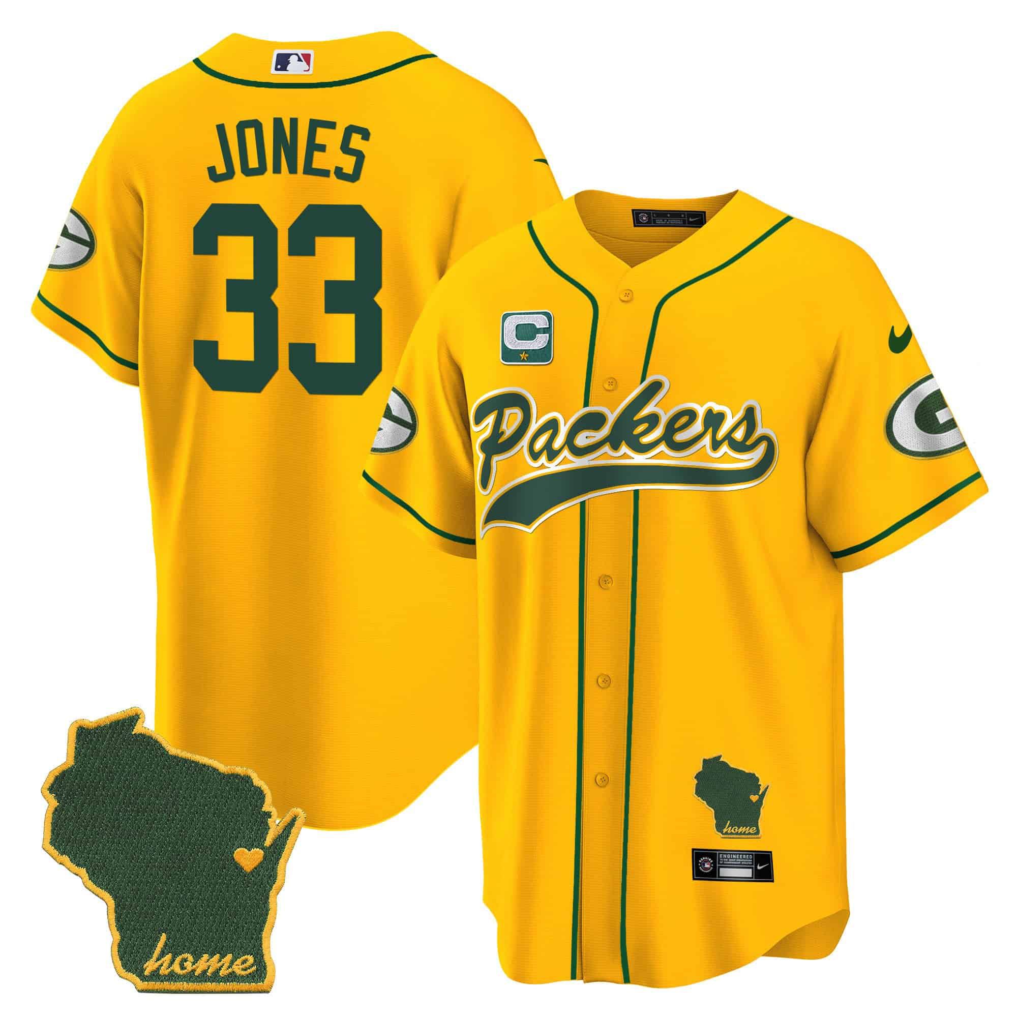 Men Green Bay Packers #33 Jones Yellow 2024 Nike Home Patch Baseball NFL Jersey